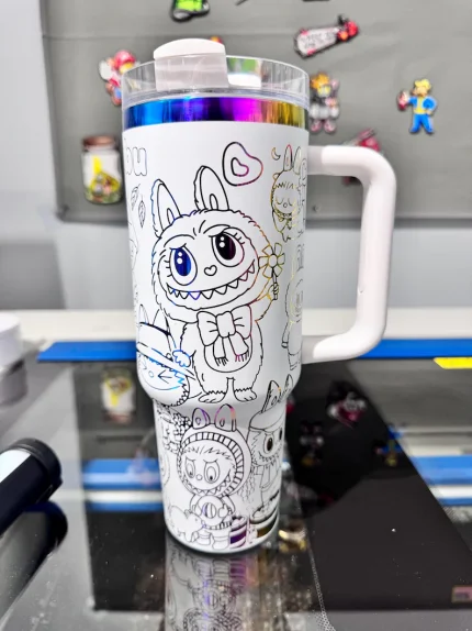 Laser Engraved Labubuu Design on a 40 oz Tumbler White