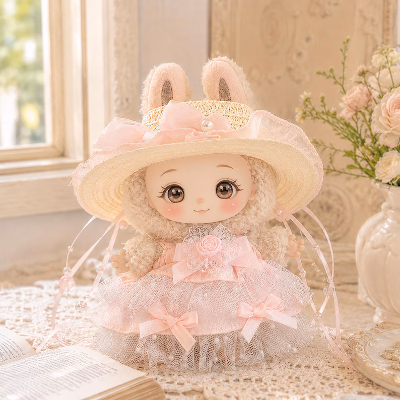 Labubu Doll Pink Lace Bonnet & Tulle Skirt Set for 17cm Plush